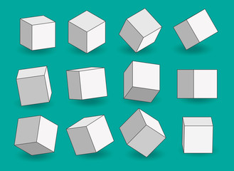 Set of white vector cartoon 3d cubes. Cube outline icons in a perspective. Geometric  blocks with shadow. Vector illustration isolated on green background. - obrazy, fototapety, plakaty