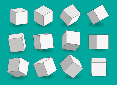 Set of white vector cartoon 3d cubes. Cube outline icons in a perspective. Geometric  blocks with shadow. Vector illustration isolated on green background.