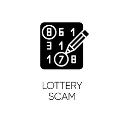 Lottery scam glyph icon. Advance-fee fraud. Scratch-and-win promotion. Sweepstake contest. Prize scamming. Gambling. Upfront payment. Silhouette symbol. Negative space. Vector isolated illustration