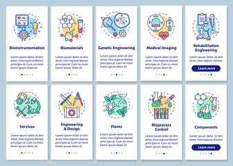 Obraz na płótnie Canvas Bioengineering onboarding mobile app page screen with linear concepts. Medical imaging, services. Biomaterials. Ten walkthrough steps graphic instructions. UX, UI, GUI vector template, illustrations
