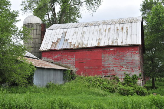 Old Red Barn And Silo