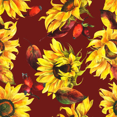 Watercolor seamless pattern with sunflowers, botanical floral painting, stock illustration.