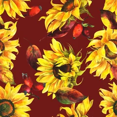 Foto op Plexiglas Bordeaux Aquarel naadloze patroon met zonnebloemen, botanische bloemen schilderij, voorraad illustratie.