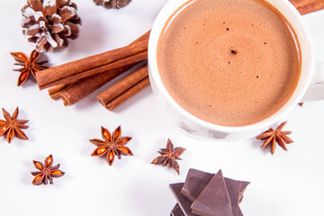 Obraz na płótnie Canvas Cup of hot chocolate with cinnamon, anise stars, pieces of dark chocolate and some cones