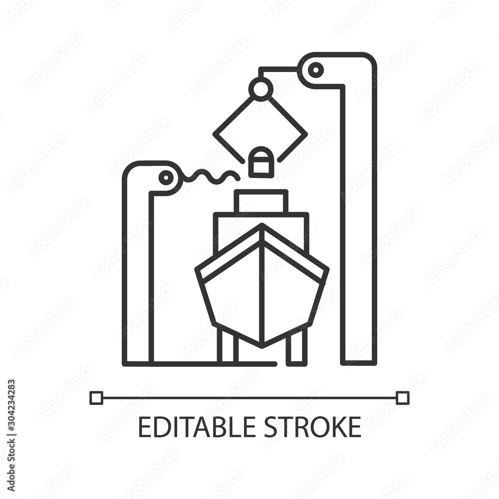 Poster Shipbuilding industry linear icon. Ship fixing and repairing. Nautical vehicle technical construction. Thin line illustration. Contour symbol. Vector isolated outline drawing. Editable stroke