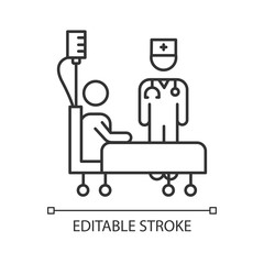 Health care industry linear icon. Clinic, hospital. Medical help. Doctor and patient. Professional caregiver. Thin line illustration. Contour symbol. Vector isolated outline drawing. Editable stroke