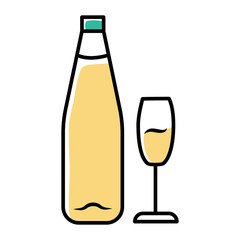 Wine yellow color icon. Alcohol bar. Bottle and wineglass. Alcoholic beverage. Restaurant service. Standard glassware for white wine. Isolated vector illustration