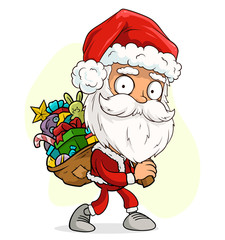 Cartoon cute funny bearded Santa Claus in red costume and cap with holiday present gift box. Layered vector for animations. Isolated on white background. New Year and Christmas vector icon.