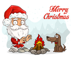 Cartoon cute funny bearded Santa Claus in red costume and cap sitting at campfire with happy dog. Layered vector for animations. Isolated on white background. New Year and Christmas vector icon.