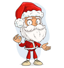 Cartoon cute funny bearded Santa Claus in red costume and cap showing okey gesture. Layered vector for animations. Isolated on white background. New Year and Christmas vector icon.