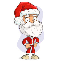 Cartoon cute funny bearded Santa Claus in red costume and cap with hands on hips. Layered vector for animations. Isolated on white background. New Year and Christmas vector icon.