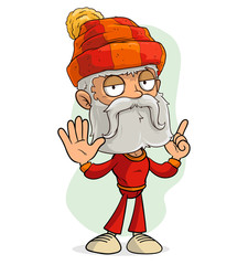 Cartoon cute funny bearded lumberjack Santa Claus in red cap showing forefinger and stop sign. Layered vector for animations. Isolated on white background. New Year and Christmas vector icon.