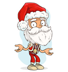 Cartoon cute funny bearded Santa Claus in red costume and cap showing surprised sign. Layered vector for animations. Isolated on white background. New Year and Christmas vector icon.