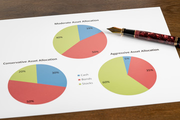 Expensive gold fountain pen pointing to moderate asset allocation pie chart among other choices for investments