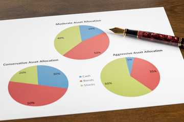 Expensive gold fountain pen pointing to moderate asset allocation pie chart among other choices for...