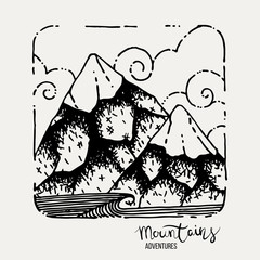 Mountain Adventures. Vector grunge hand drawn landscape