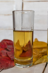Glasses with brandy on the background of autumn leaves