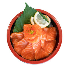 Isolated on white Background of Salmon Donburi / Rice Bow dish / Japanese Food. Clipping Path Included.