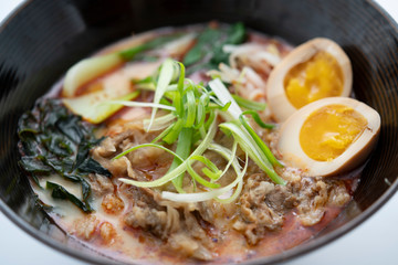 Spicy Beef Ramen with Soft Yolk Egg./ Japanese Food.