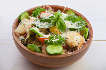 delicious delicious spaghetti with shrimps and basil on  plate