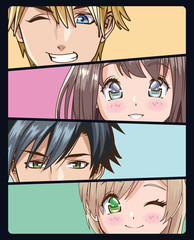 Naklejka premium group of faces young people anime style characters