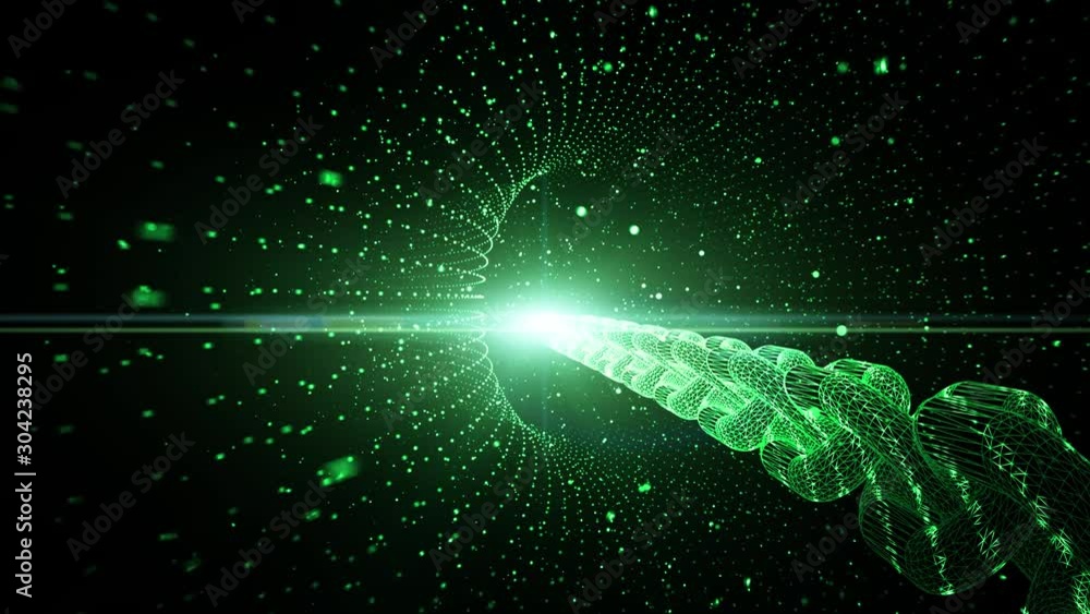 Poster futuristic blockchain chain motion on green digital cyberspace network background.