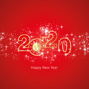 Happy New Year 2020 Golden Clock With Sparkle Firework Red Vector Logo Icon