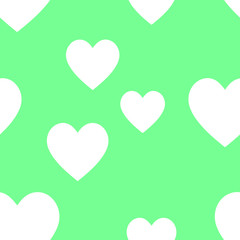 White heart design element seamless pattern. Soft green background textile texture.