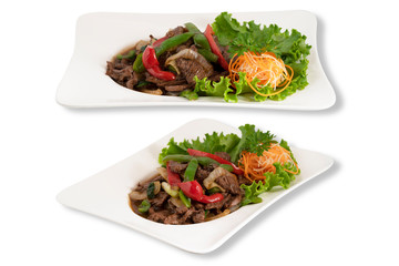 Isolated on White Background of Stir Fried Black Pepper beef. Asian Food. Clipping Path Included