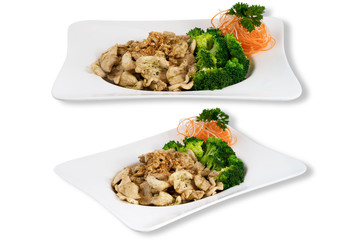 Isolated on White Background of Fried Garlic Chicken with Broccoli. Asian Food. Clipping Path Included