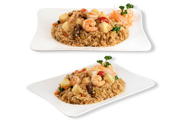 Isolated on White Background of Pineapple Fried Rice with Beef and Shrimp. Asian Food. Clipping Path Included