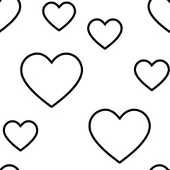 Black stroke heart design element seamless pattern. White background textile texture.