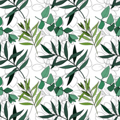 Vector Eucalyptus leaves branch. Black and white engraved ink art. Seamless background pattern.