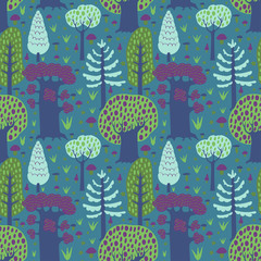 Seamless pattern with simple cute cartoon trees. Vector illustration