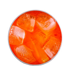 Glass of aperol spritz cocktail isolated on white background. Top view.