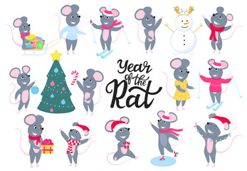 Rats. Funny mice. Gray rodents. New 2020 Chinese New Year. Big set mouse. Cartoon characters. Merry Christmas