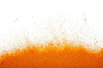 Turmeric spice powder isolated on white background. Text spice. Top view.