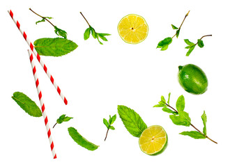 Fresh halves of lime with branches of mint and two straws isolated on a white background 