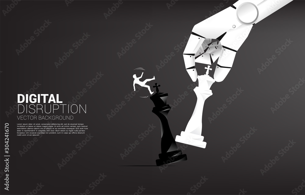 Poster silhouette of businessman slip and falling down from Robot hand move chess piece to checkmate king. Business concept for machine learning , a.i artificial intelligence and disruption.