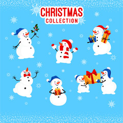 Vector illustration of cute snowmen. Collection of snowmen. New Year's collection. Stickers, characters