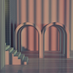 3d render, illustration with arcs and staris, interior
