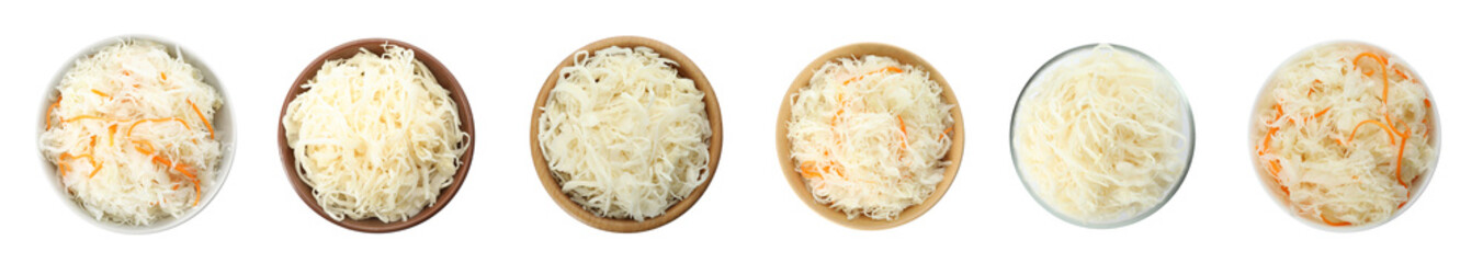 Set of tasty fermented cabbage isolated on white, top view. Banner design