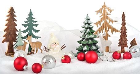 Bright winter Christmas arrangement with snow, wooden decoration, snowmen and baubles, isolated on...