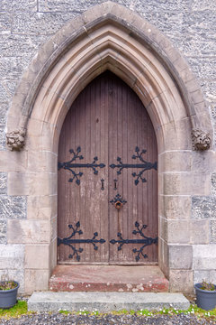 Entrance to the church Catholic church of St. Maty & St. Finnan in Glenfinnan, Scotland 