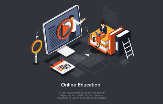 Modern Isometric Concept Of Online Education For Banner And Website.