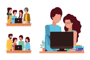 People avatars with computers vector design