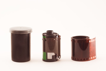 35mm film and cassette, box. On white background.
