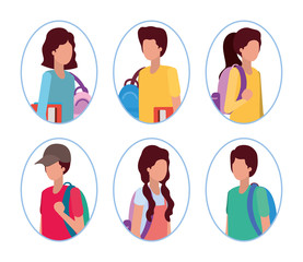 People avatars with school bags vector design