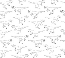 Vector seamless pattern of black hand drawn outline sketch tyrannosaur rex dinosaur isolated on white background
