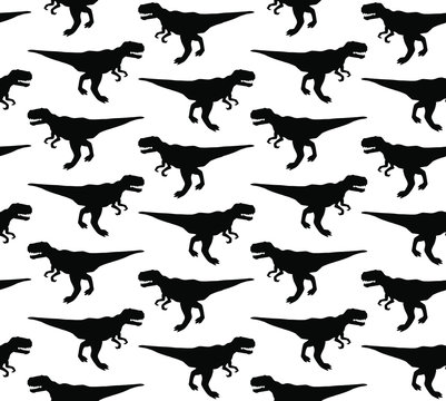Vector seamless pattern of black tyrannosaur rex dinosaur silhouette isolated on white background
